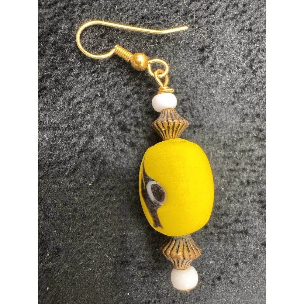 Yellow Glass Bead Dangle Earrings‎ Boho Retro Handmade Vintage